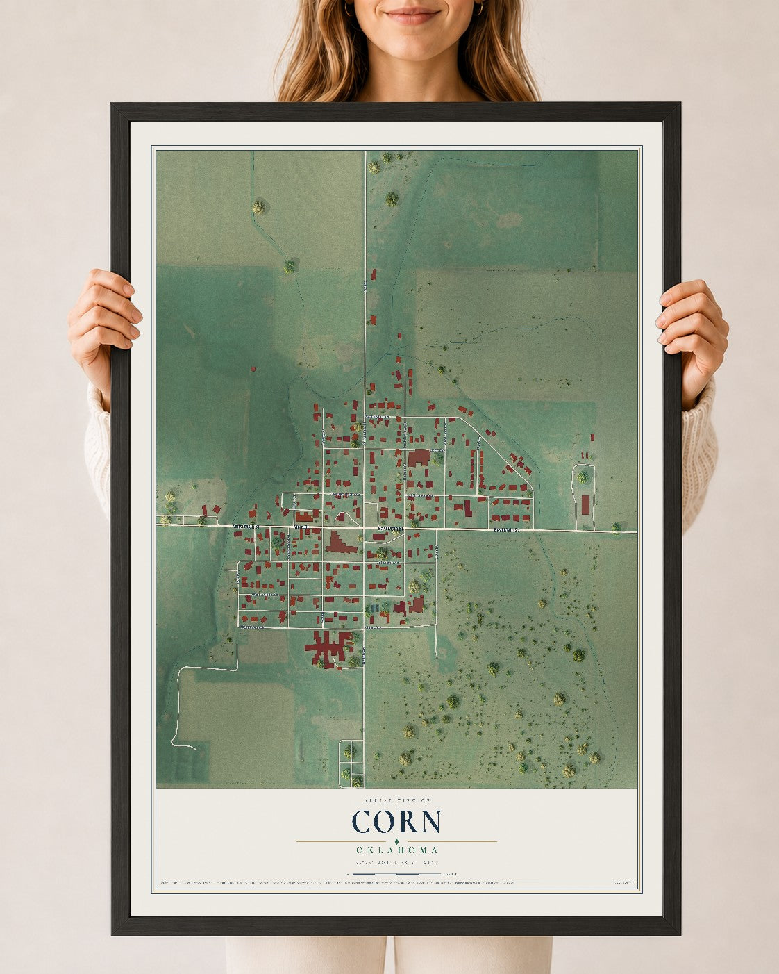 Map of Corn, Oklahoma, 24 x 36 inch print in a black wood frame
