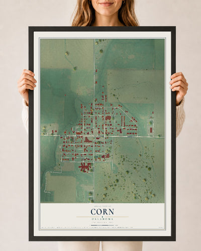 Map of Corn, Oklahoma, 24 x 36 inch print in a black wood frame