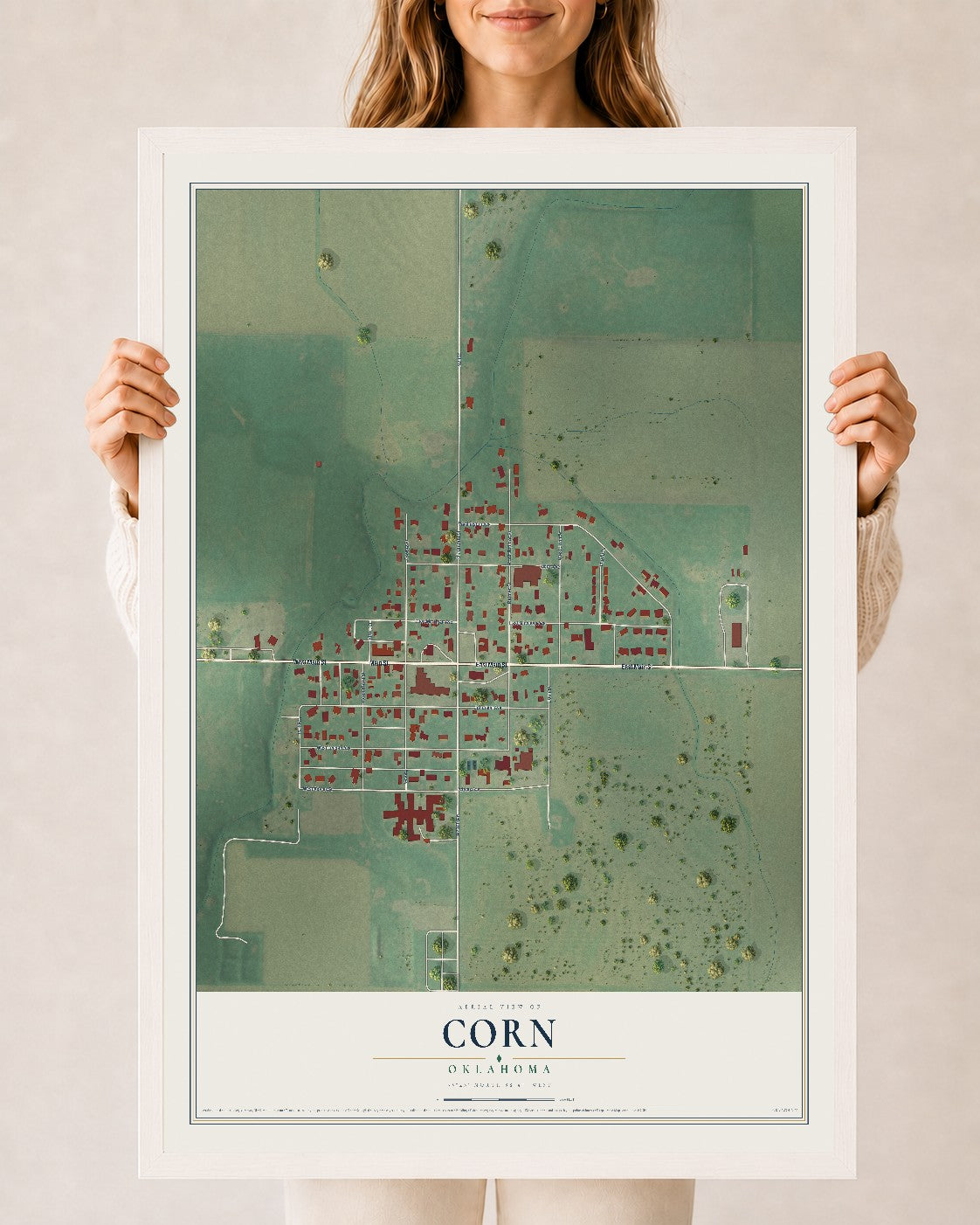 Map of Corn, Oklahoma, 24 x 36 inch print in a white wood frame