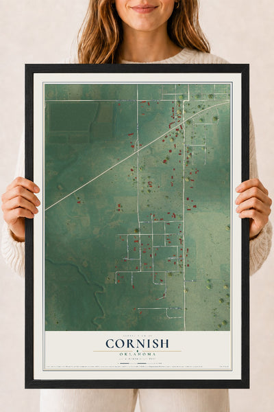 Map of Cornish, Oklahoma, 18 x 24 inch print in a black wood frame