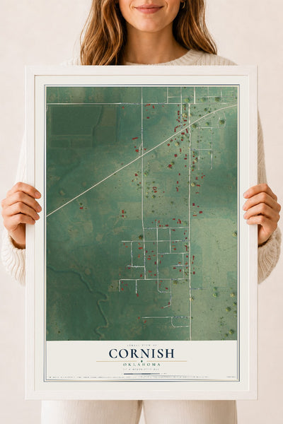 Map of Cornish, Oklahoma, 18 x 24 inch print in a white wood frame