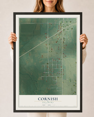 Map of Cornish, Oklahoma, 24 x 36 inch print in a black wood frame