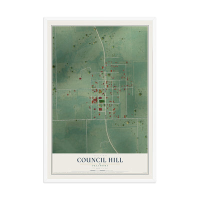 Map of Council Hill, Oklahoma, 12 x 18 inch print in a white wood frame