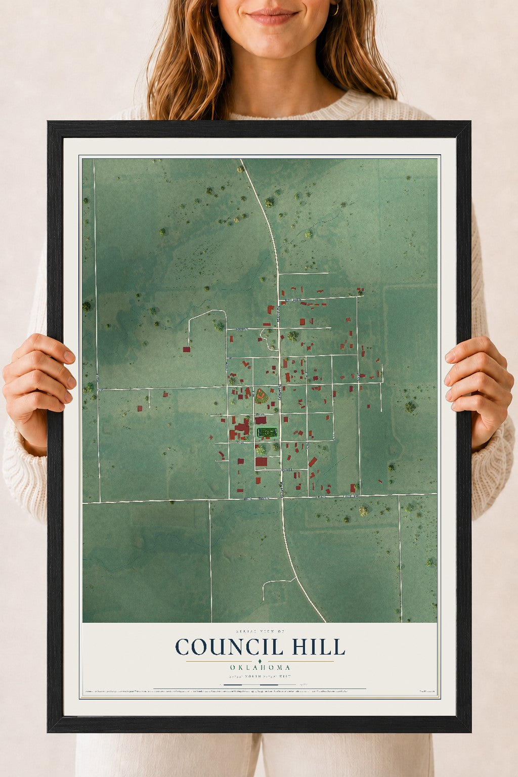 Map of Council Hill, Oklahoma, 18 x 24 inch print in a black wood frame