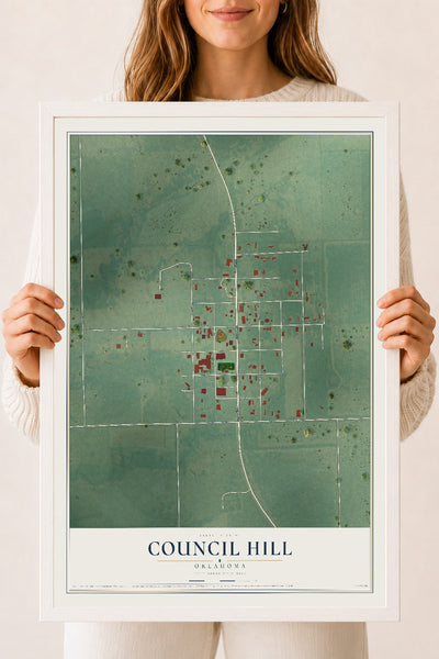 Map of Council Hill, Oklahoma, 18 x 24 inch print in a white wood frame
