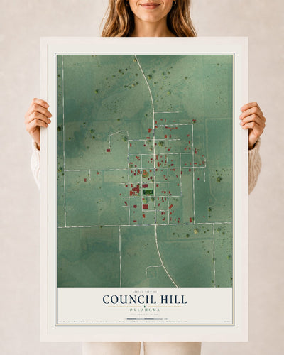 Map of Council Hill, Oklahoma, 24 x 36 inch print in a white wood frame