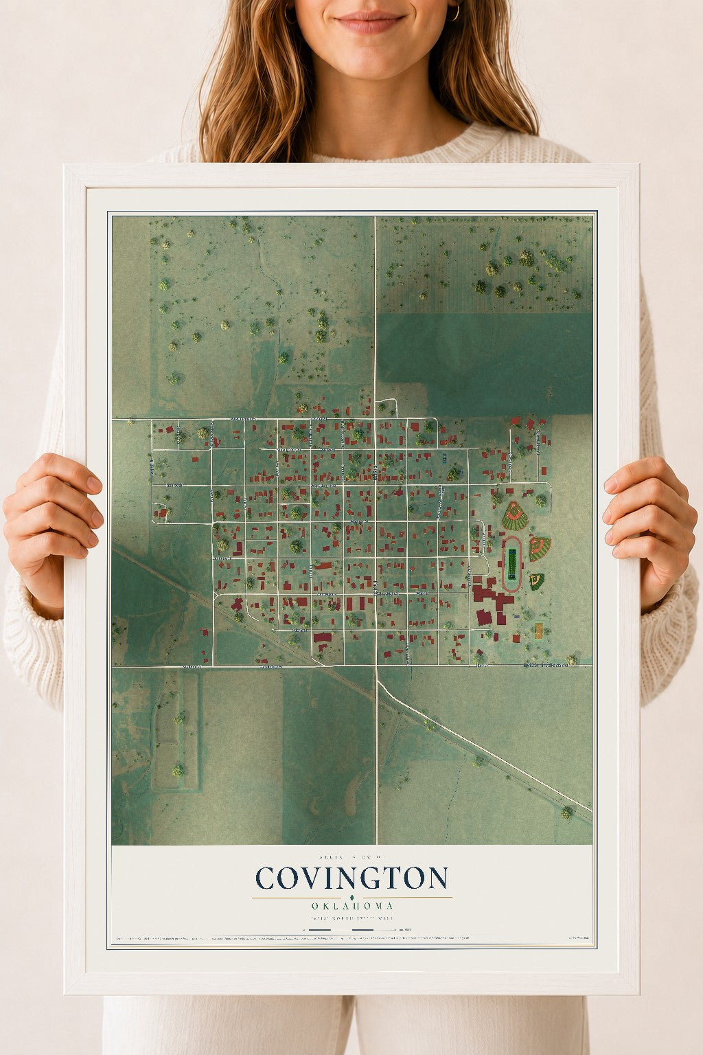 Map of Covington, Oklahoma, 18 x 24 inch print in a white wood frame