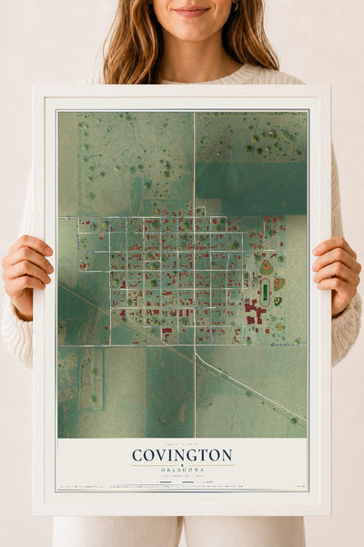 Map of Covington, Oklahoma, 18 x 24 inch print in a white wood frame