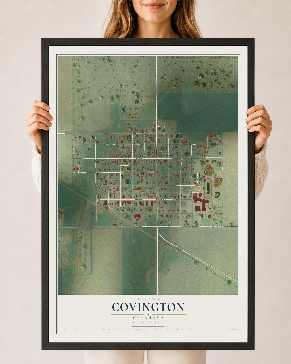 Map of Covington, Oklahoma, 24 x 36 inch print in a black wood frame