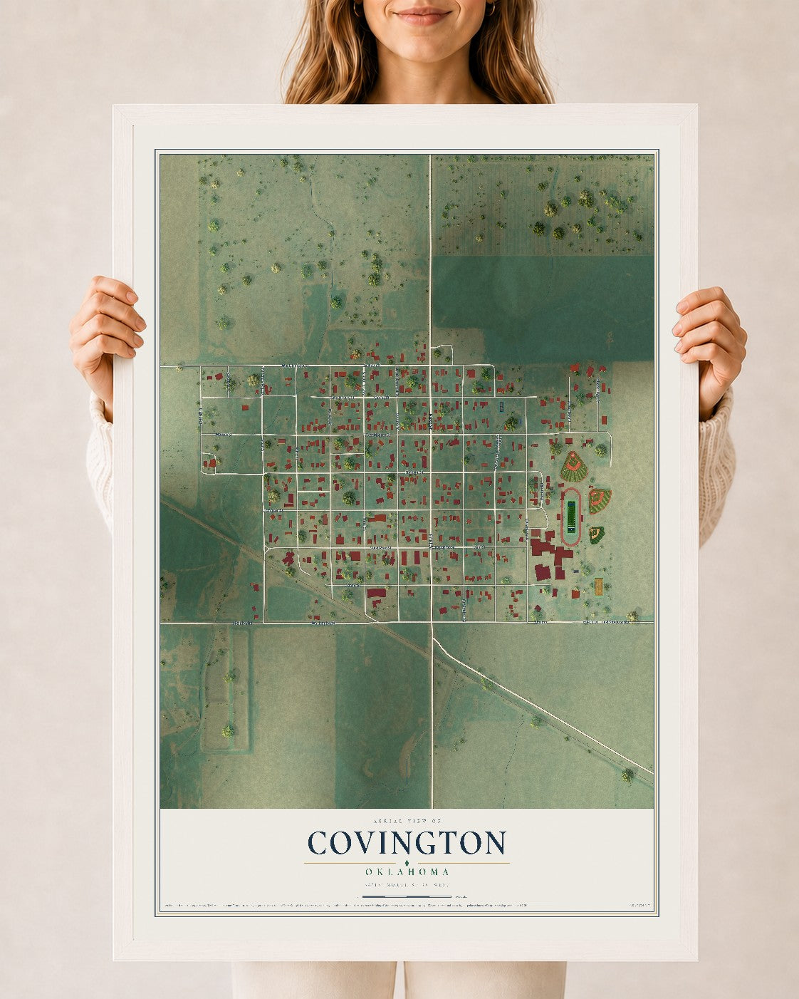 Map of Covington, Oklahoma, 24 x 36 inch print in a white wood frame