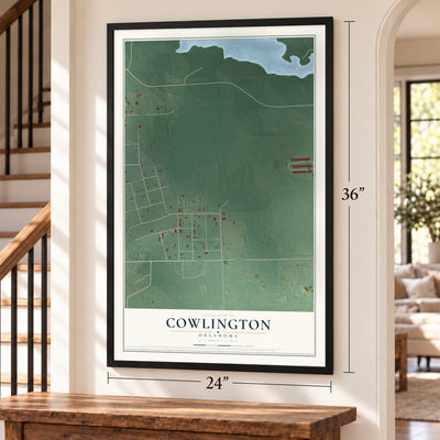 Cowlington, Oklahoma map, 24 x 36 inch print in a black frame by a staircase