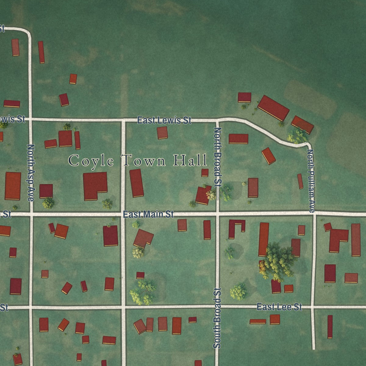 Second close-up of the map of Coyle, Oklahoma print showing more streets and buildings