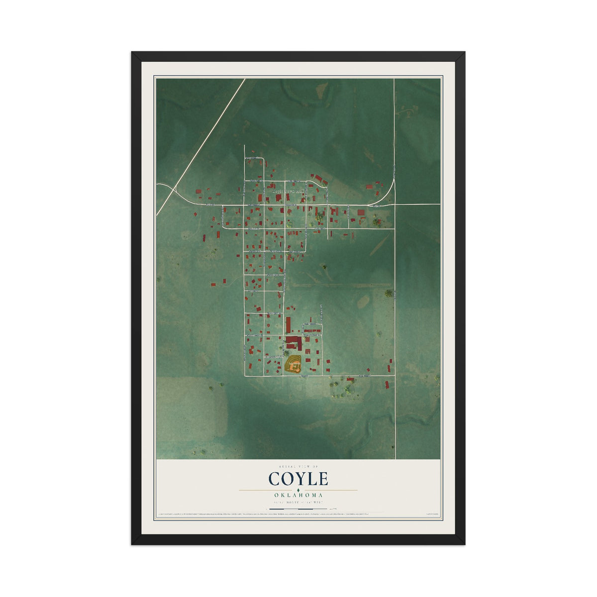 Map of Coyle, Oklahoma, 12 x 18 inch print in a black wood frame