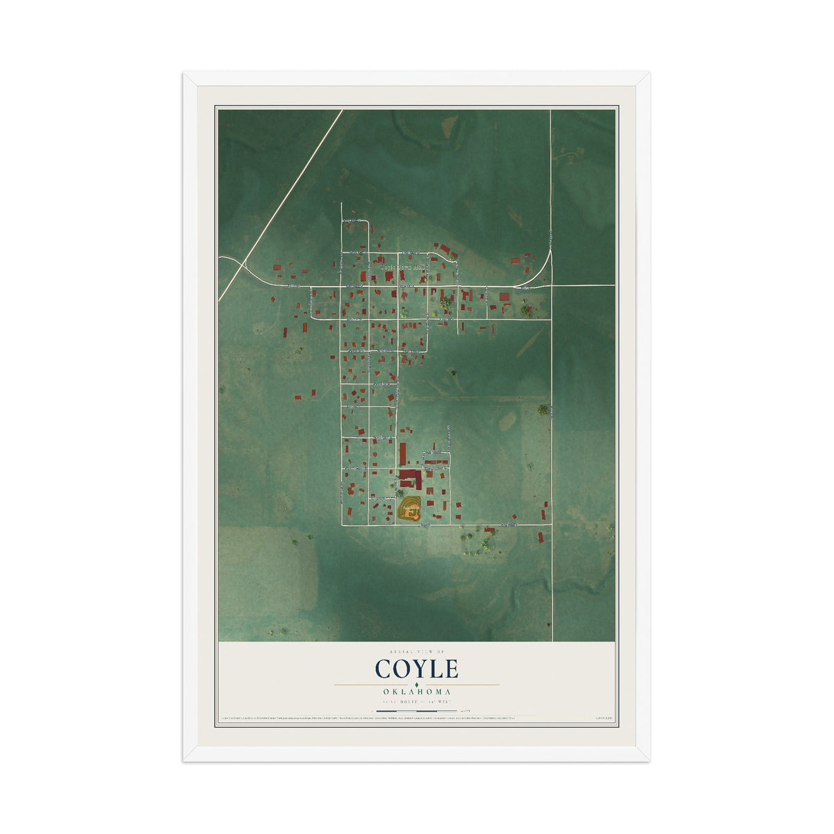 Map of Coyle, Oklahoma, 12 x 18 inch print in a white wood frame