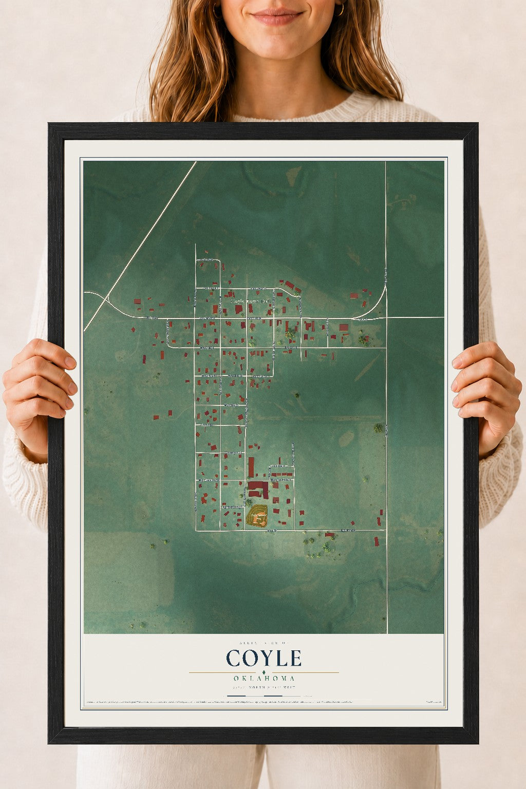 Map of Coyle, Oklahoma, 18 x 24 inch print in a black wood frame