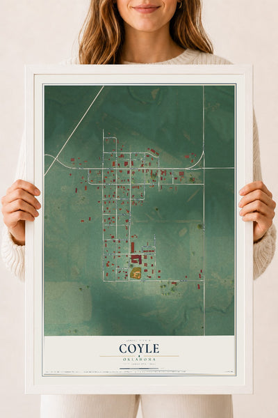 Map of Coyle, Oklahoma, 18 x 24 inch print in a white wood frame