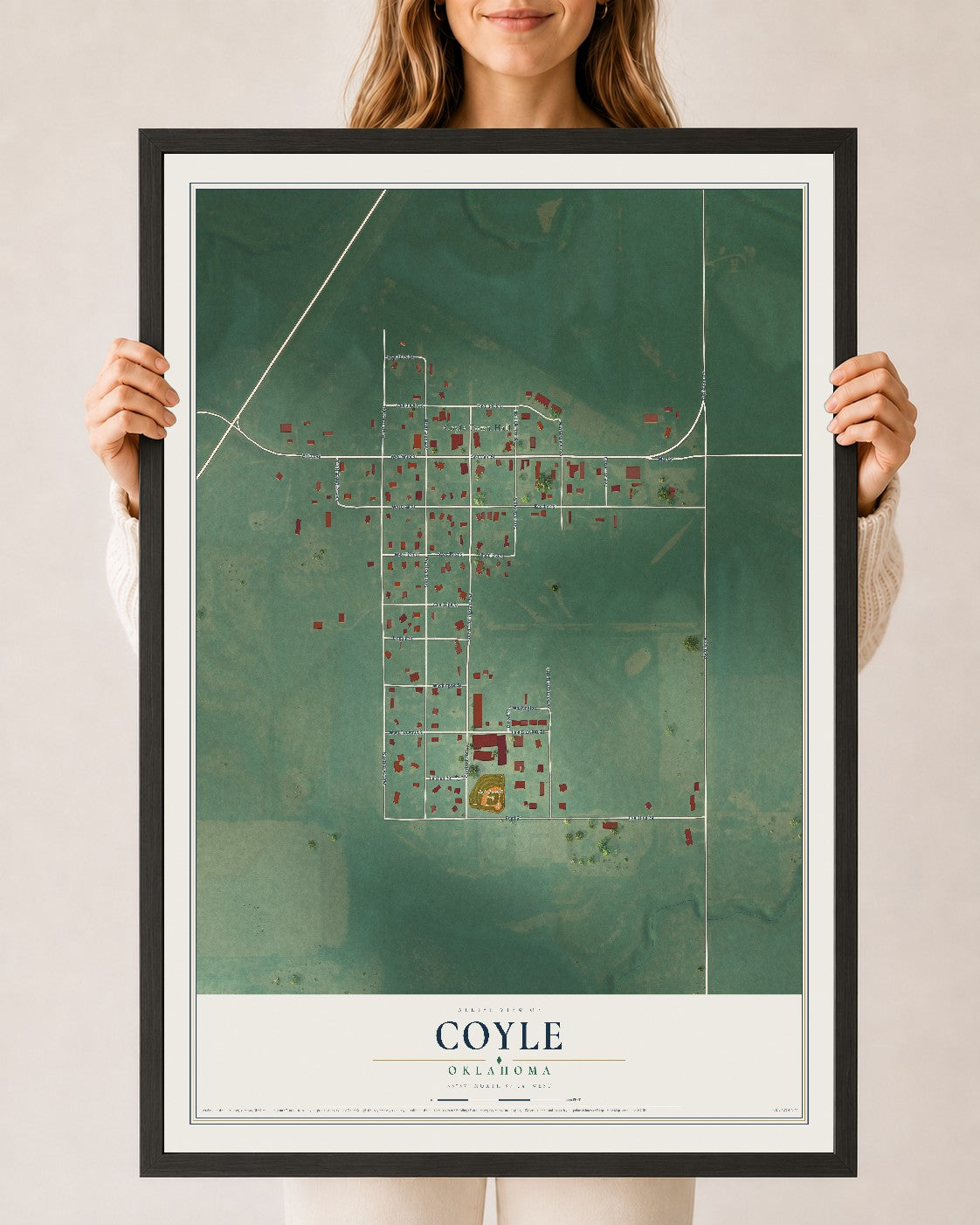 Map of Coyle, Oklahoma, 24 x 36 inch print in a black wood frame