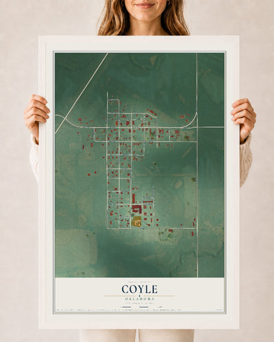Map of Coyle, Oklahoma, 24 x 36 inch print in a white wood frame