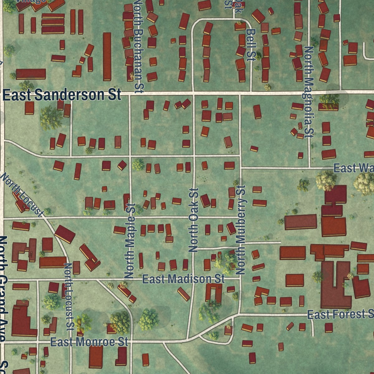 Close-up of the map of Crescent, Oklahoma print showing street and building detail