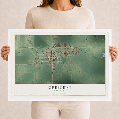 Map of Crescent, Oklahoma, 12 x 18 inch print in a white wood frame