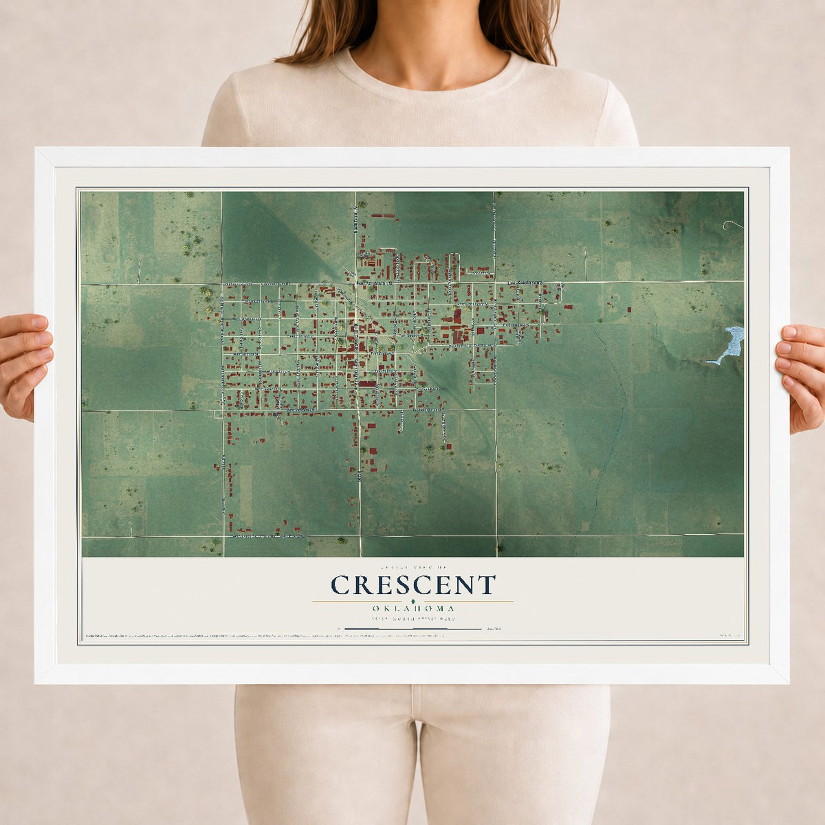 Map of Crescent, Oklahoma, 18 x 24 inch print in a white wood frame
