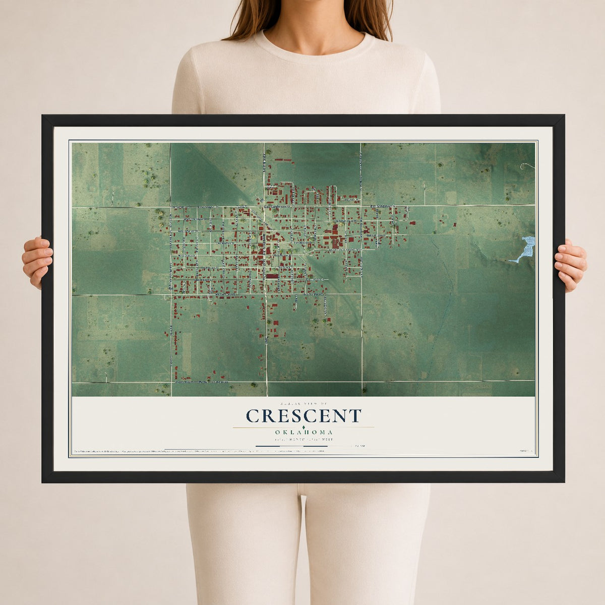 Map of Crescent, Oklahoma, 24 x 36 inch print in a black wood frame