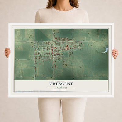 Map of Crescent, Oklahoma, 24 x 36 inch print in a white wood frame