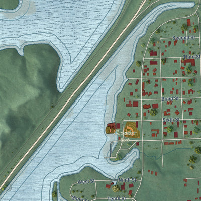 Close-up of the map of Crowder, Oklahoma print showing street and building detail