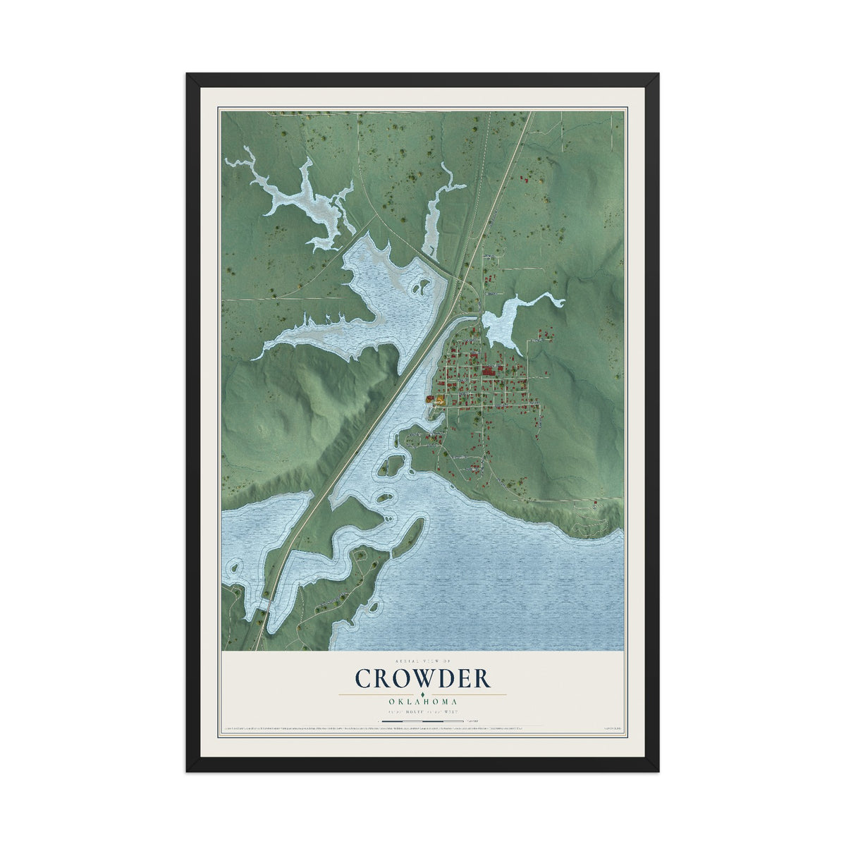 Map of Crowder, Oklahoma, 12 x 18 inch print in a black wood frame