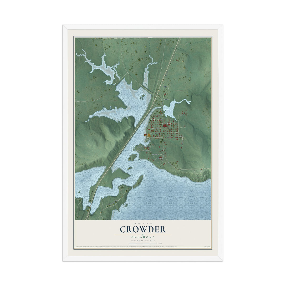 Map of Crowder, Oklahoma, 12 x 18 inch print in a white wood frame