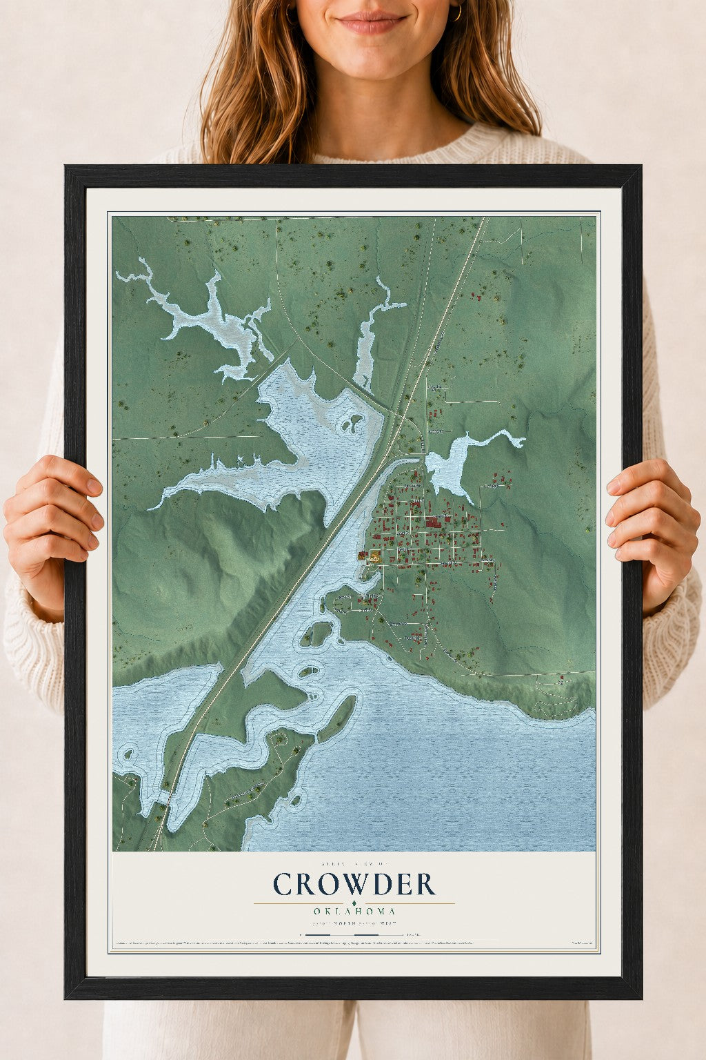 Map of Crowder, Oklahoma, 18 x 24 inch print in a black wood frame