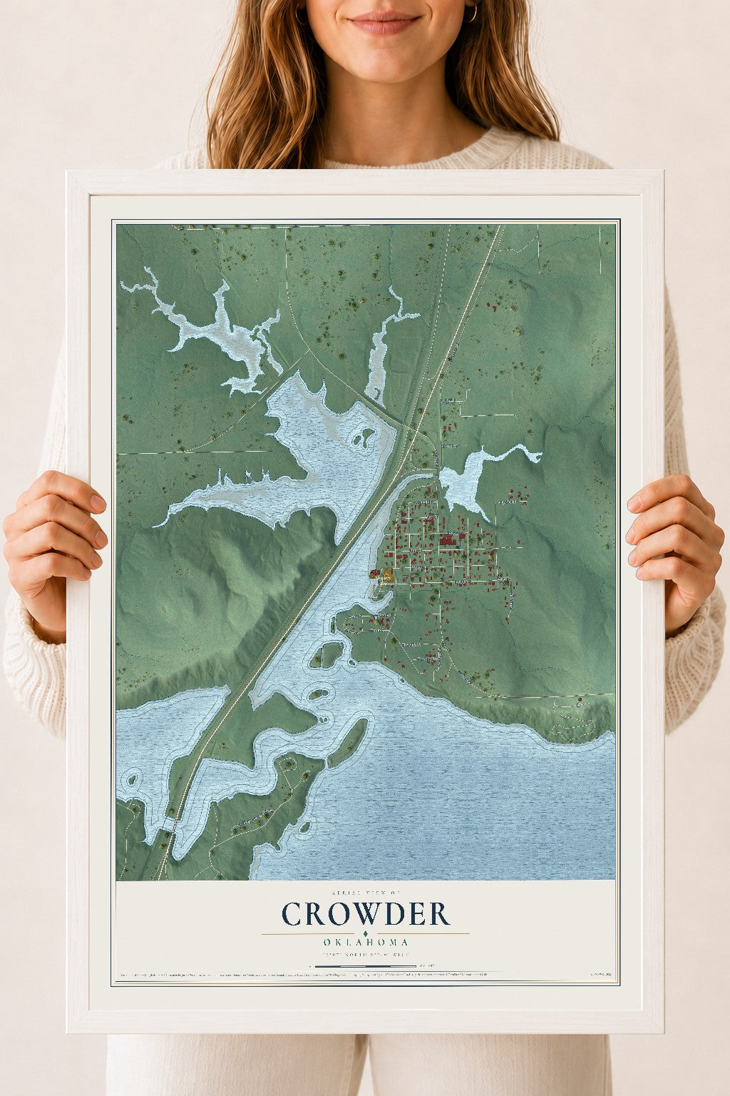 Map of Crowder, Oklahoma, 18 x 24 inch print in a white wood frame
