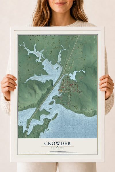Map of Crowder, Oklahoma, 18 x 24 inch print in a white wood frame