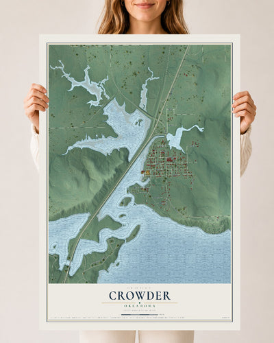 Map of Crowder, Oklahoma, 24 x 36 inch unframed archival matte print