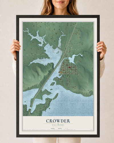 Map of Crowder, Oklahoma, 24 x 36 inch print in a black wood frame