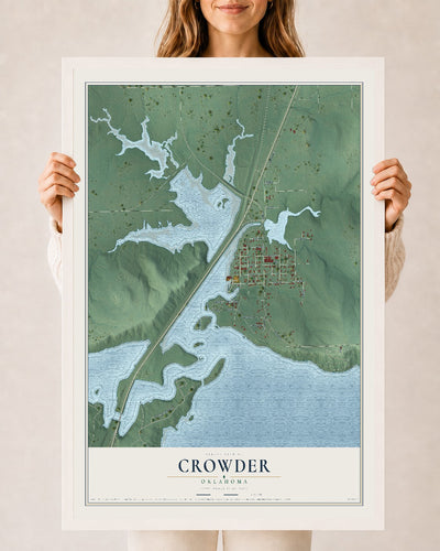 Map of Crowder, Oklahoma, 24 x 36 inch print in a white wood frame