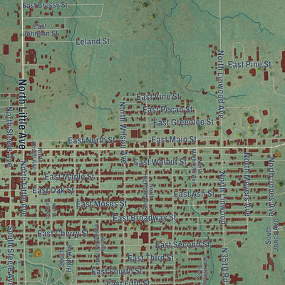 Close-up of the map of Cushing, Oklahoma print showing street and building detail