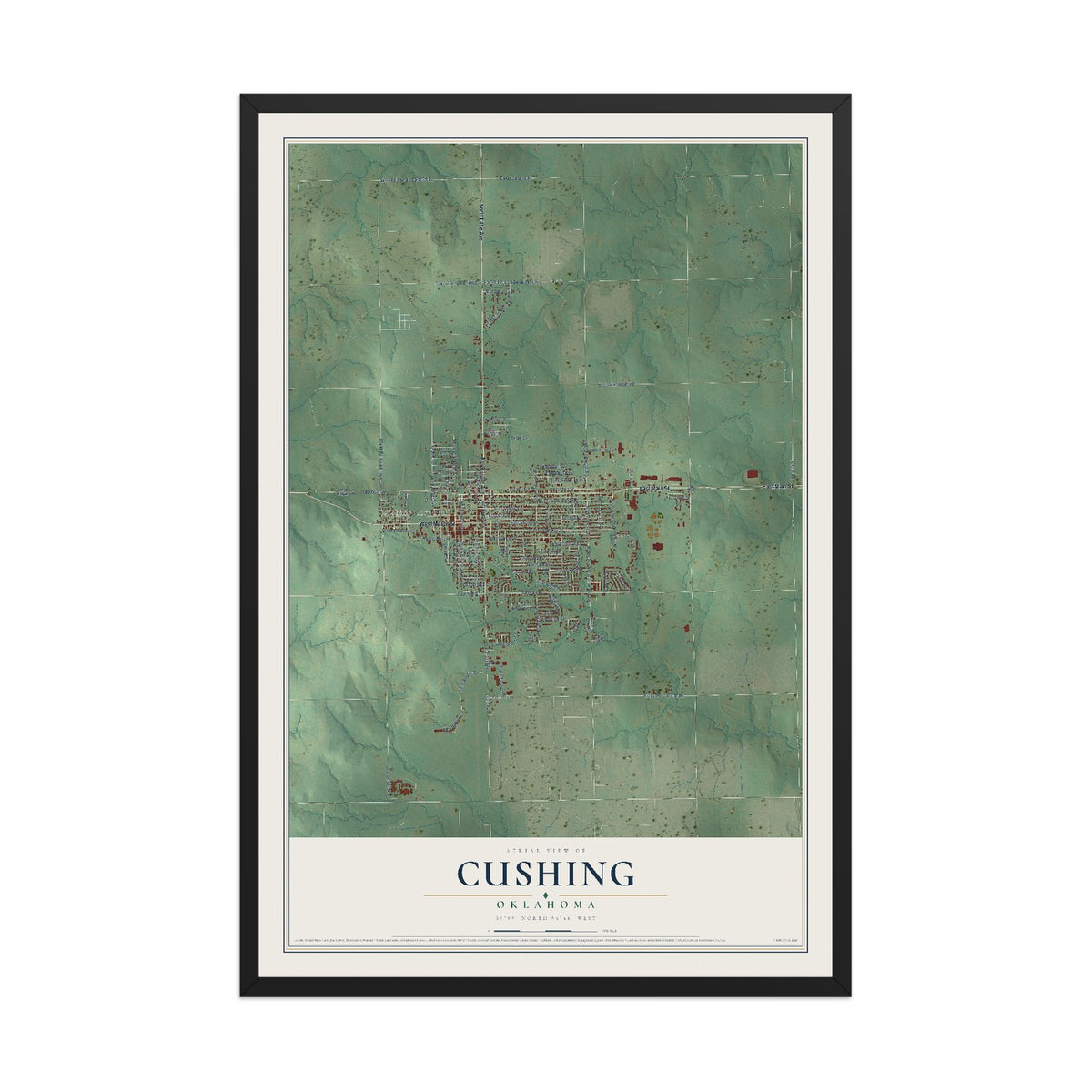 Map of Cushing, Oklahoma, 12 x 18 inch print in a black wood frame