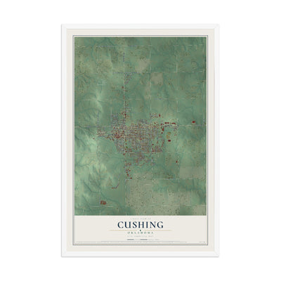 Map of Cushing, Oklahoma, 12 x 18 inch print in a white wood frame