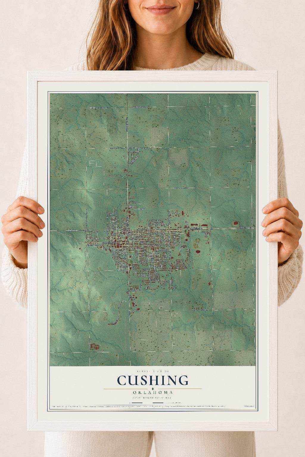 Map of Cushing, Oklahoma, 18 x 24 inch print in a white wood frame