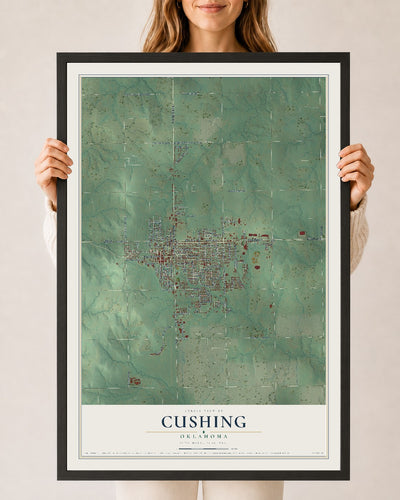 Map of Cushing, Oklahoma, 24 x 36 inch print in a black wood frame