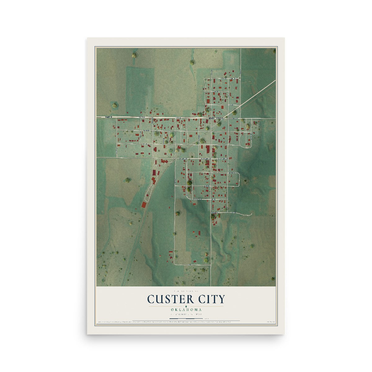 Map of Custer City, Oklahoma, 12 x 18 inch unframed archival matte print