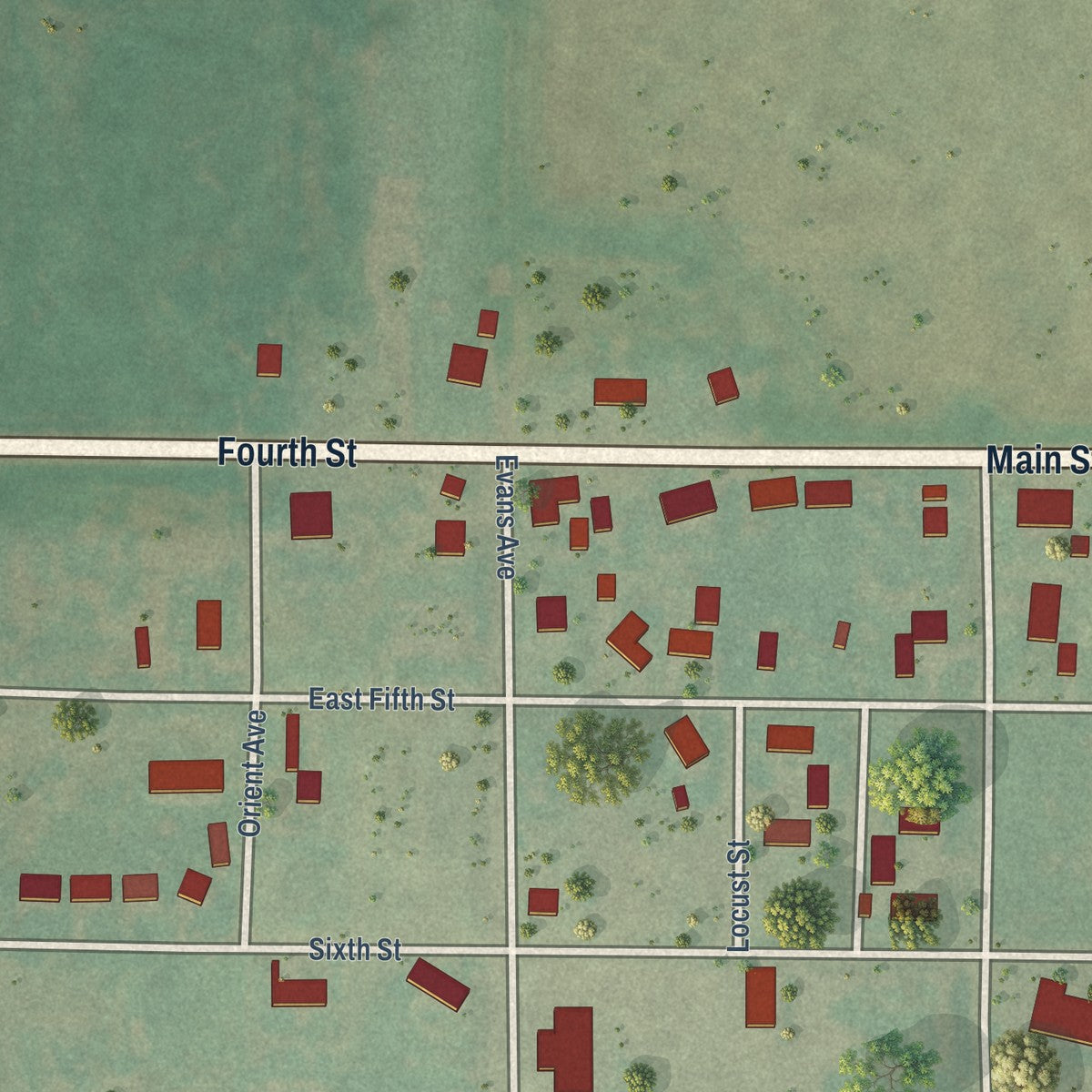 Second close-up of the map of Custer City, Oklahoma print showing more streets and buildings
