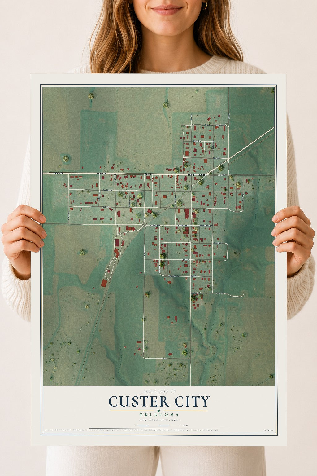 Map of Custer City, Oklahoma, 18 x 24 inch unframed archival matte print