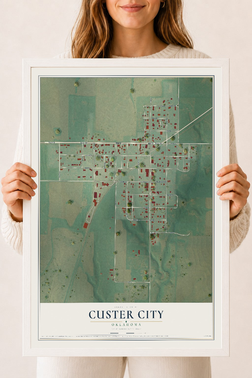 Map of Custer City, Oklahoma, 18 x 24 inch print in a white wood frame