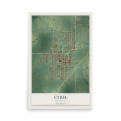 Map of Cyril, Oklahoma, 12 x 18 inch unframed archival matte print