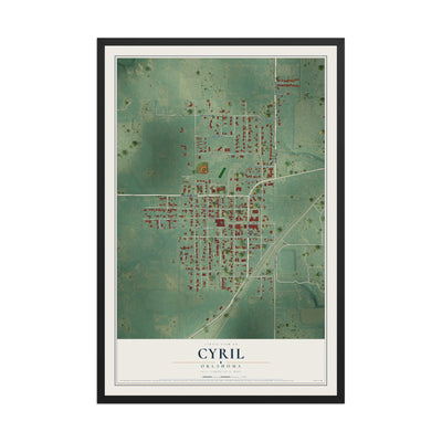 Map of Cyril, Oklahoma, 12 x 18 inch print in a black wood frame