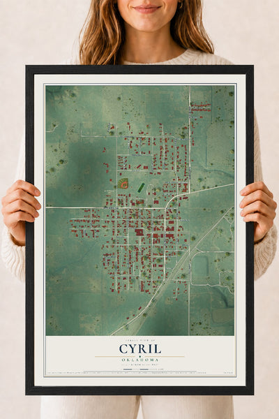 Map of Cyril, Oklahoma, 18 x 24 inch print in a black wood frame