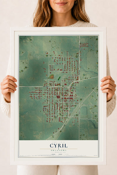 Map of Cyril, Oklahoma, 18 x 24 inch print in a white wood frame
