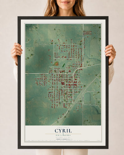 Map of Cyril, Oklahoma, 24 x 36 inch print in a black wood frame